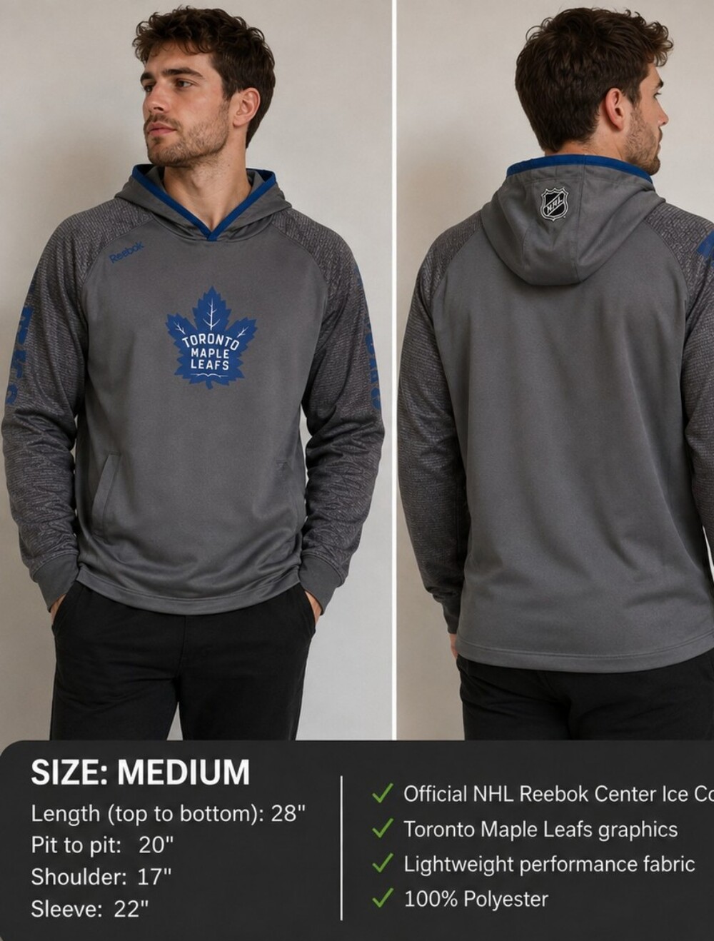 Toronto Maple Leafs Reebok Center Ice NHL Performance Hoodie Grey Blue